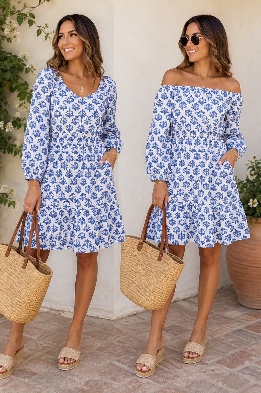 J.Crew Blue White Floral Cotton Mini Dress Puff Sleeve Pockets Womens Size 6
